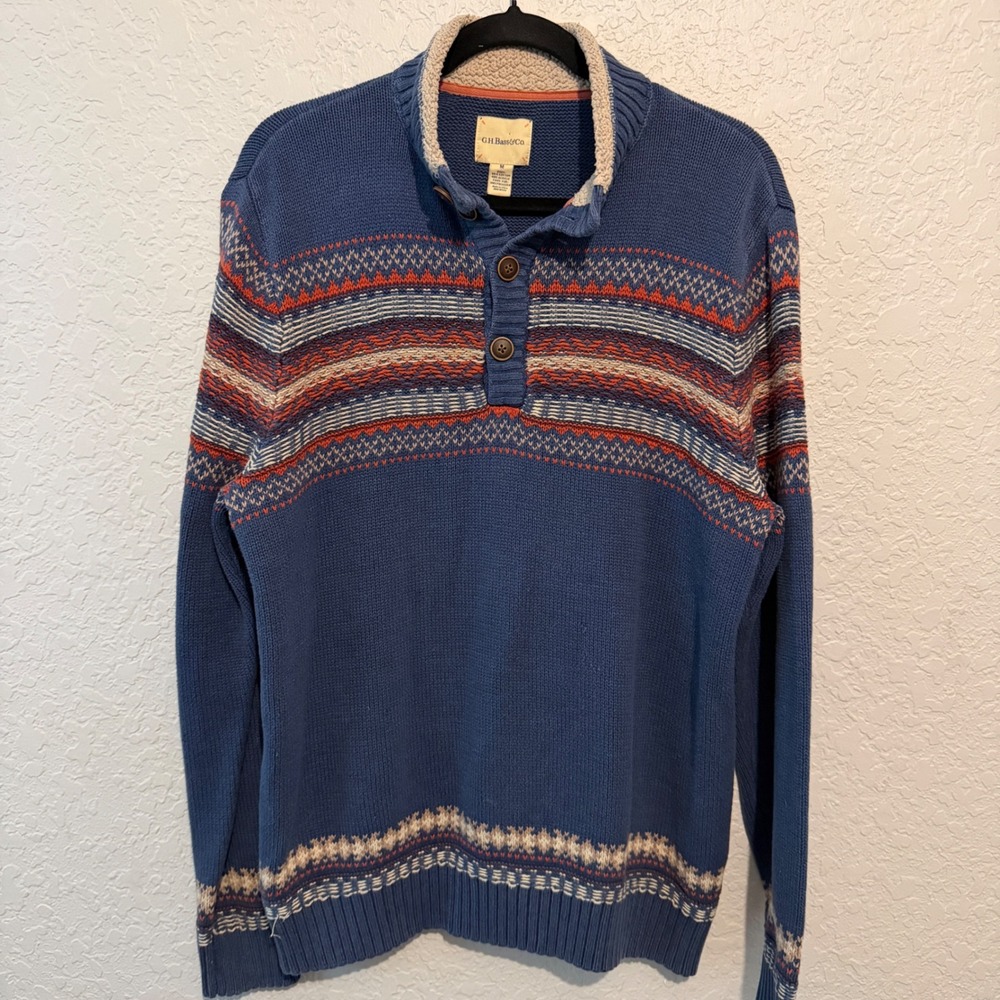 G.H. Bass & Co. Fair Isle Quarter Button Sweater Size M CabinCore Blue Rugged